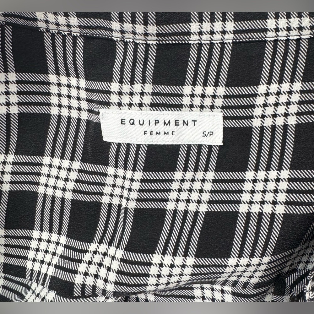 Equipment gingham small rolled cuffs short sleeve black white silk shirt - Picture 5 of 8